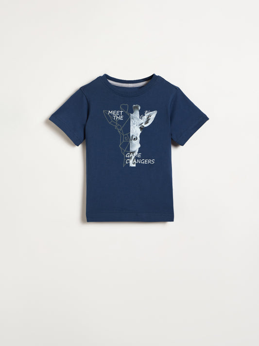 Blue Giraffe Boys Navy Blue Printed Regular Fit Pure Cotton T-Shirt