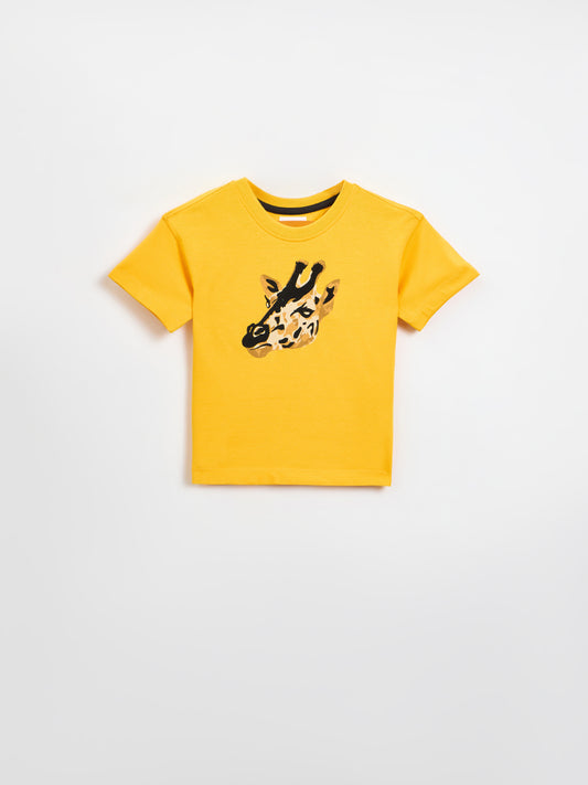 Blue Giraffe Boys Yellow Printed Boxy Fit Pure Cotton T-Shirt
