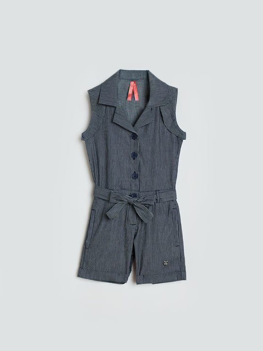 Blue Giraffe Girls Navy Blue Striped Regular Fit Pure Cotton Jumpsuit
