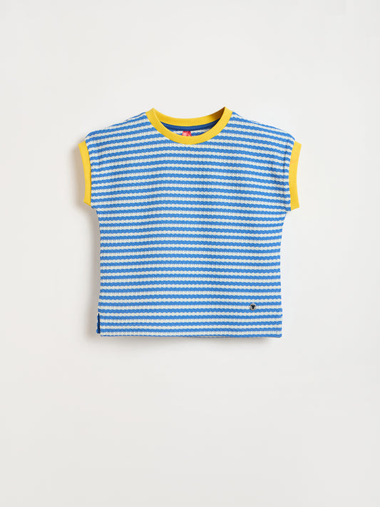 Blue Giraffe Girls Blue Striped Regular Fit T-Shirt