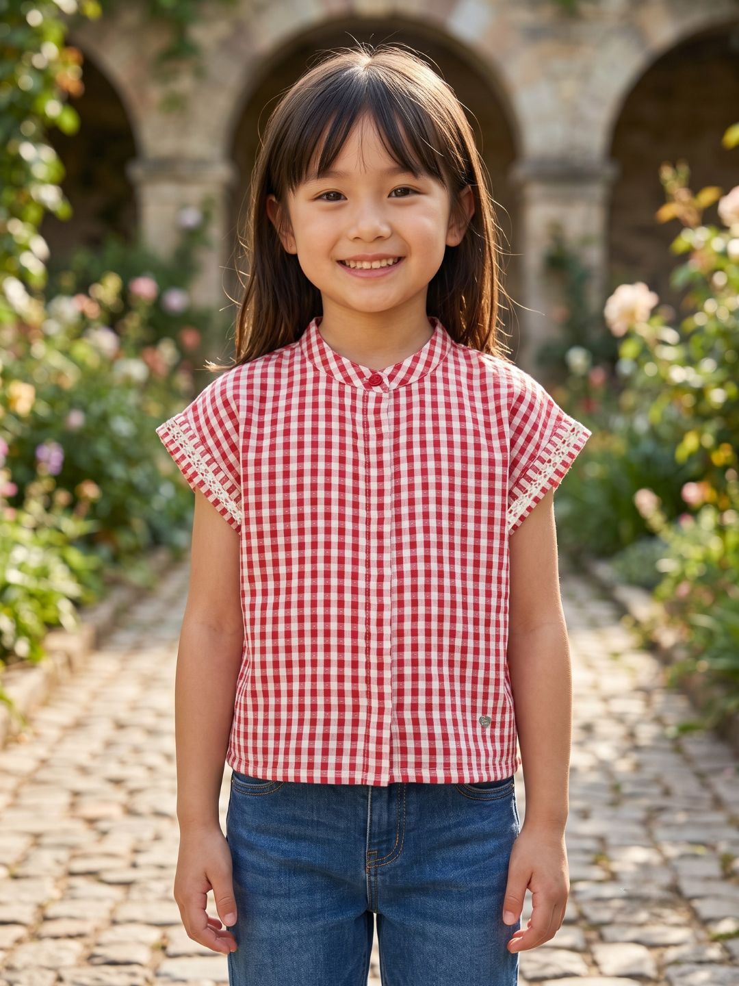 Blue Giraffe Girls Red Checked Boxy Fit Top