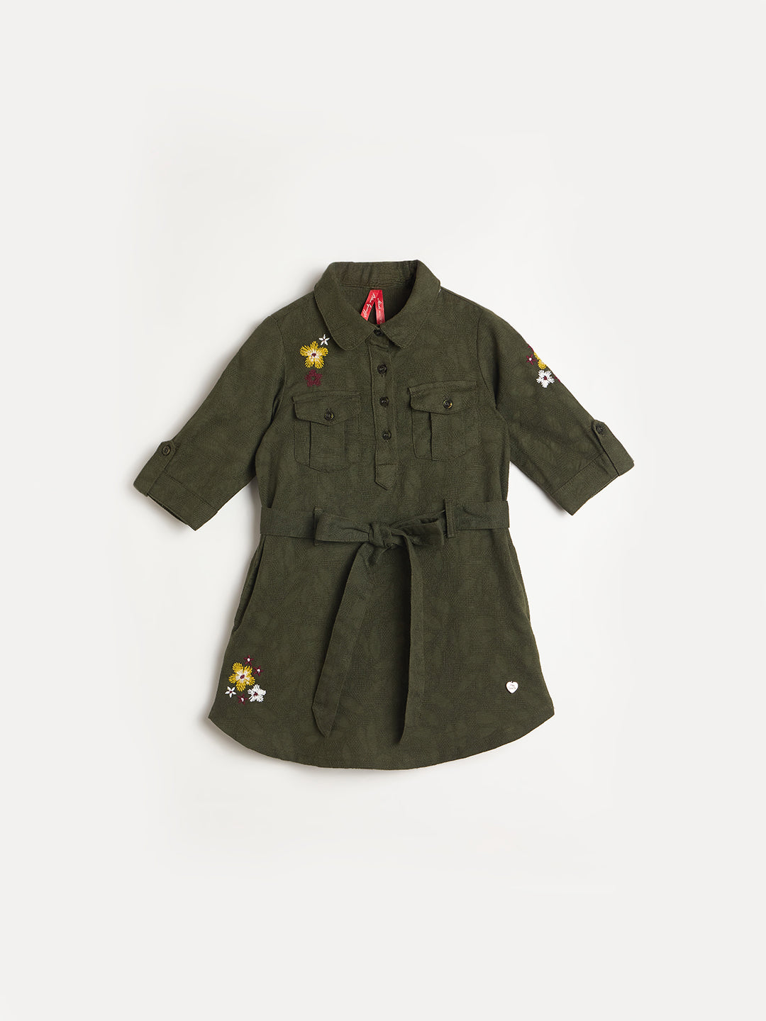 Blue Giraffe Girls Green Embroidered Patch Pocket Midi Dress