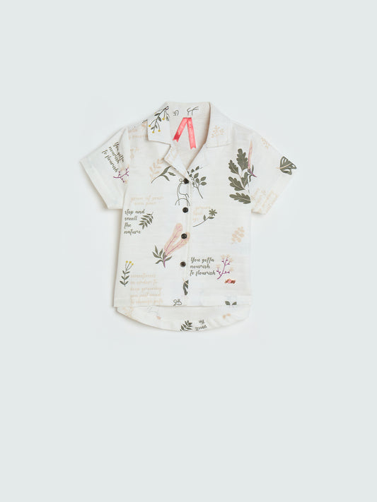 Blue Giraffe Girls Cream Printed Regular Fit Pure Cotton Top