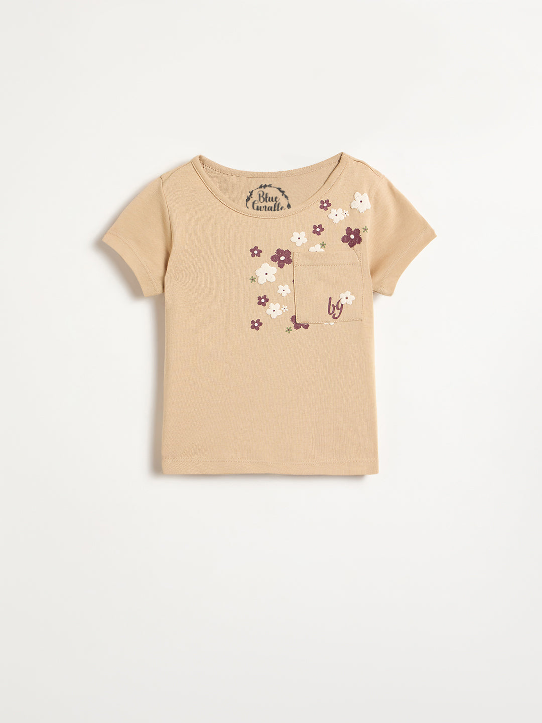 Blue Giraffe Girls Beige Embroidered Round Neck T-Shirt