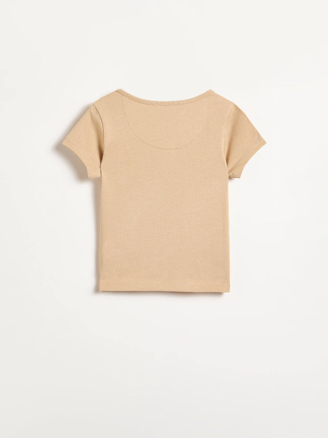 Blue Giraffe Girls Beige Embroidered Round Neck T-Shirt