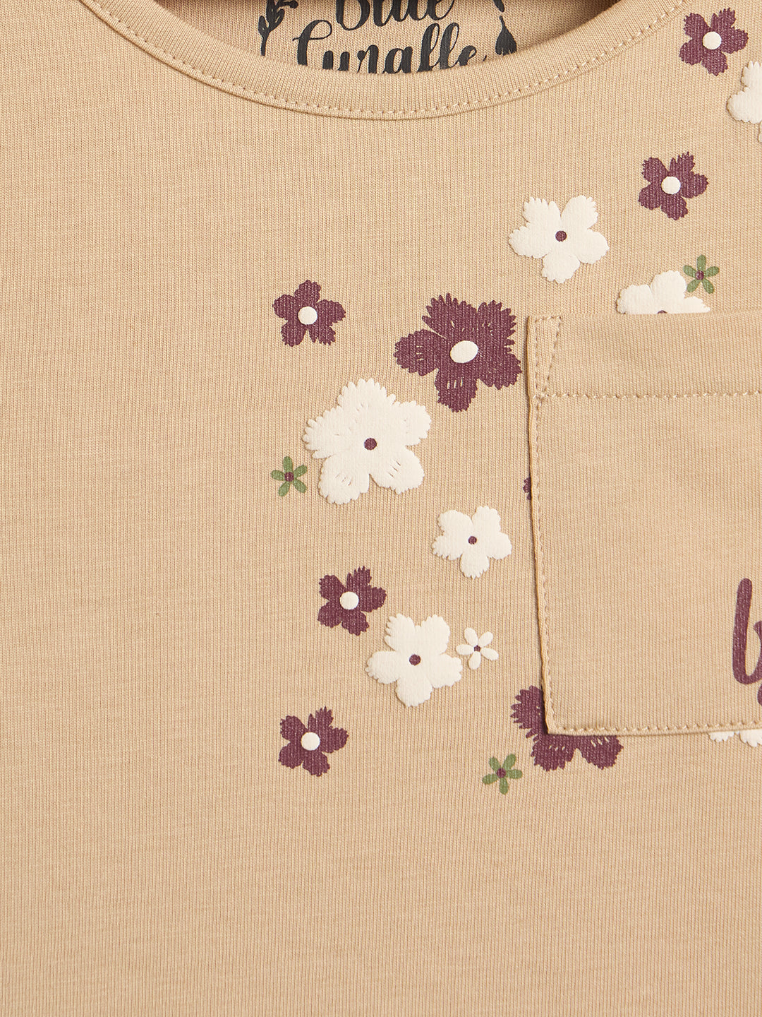 Blue Giraffe Girls Beige Embroidered Round Neck T-Shirt
