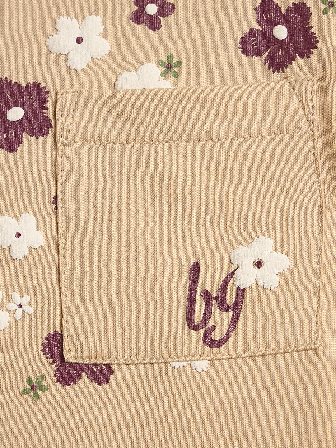 Blue Giraffe Girls Beige Embroidered Round Neck T-Shirt