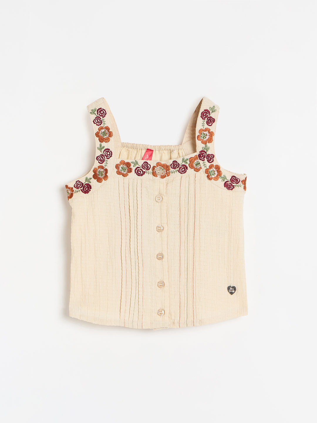 Blue Giraffe Girls Cream Embroidered Regular Fit Top