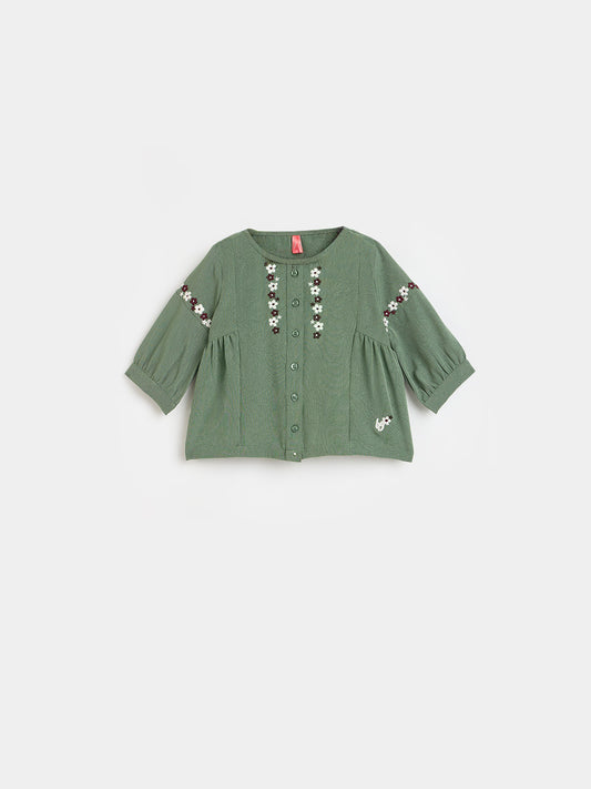 Blue Giraffe Girls Olive Green Embroidered Fit & Flared Top