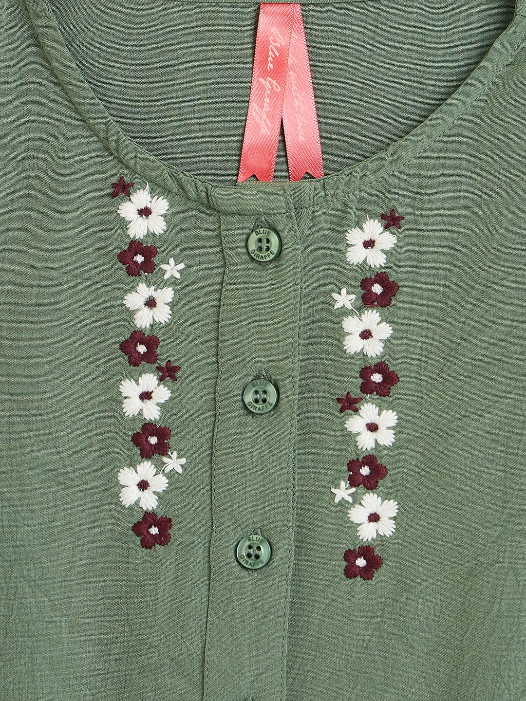 Blue Giraffe Girls Olive Green Embroidered Fit & Flared Top