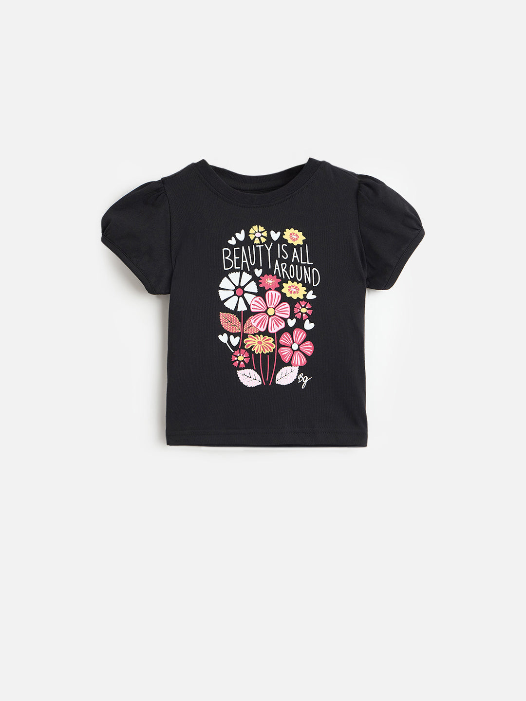 Blue Giraffe Girls Cotton Black Printed T-Shirt