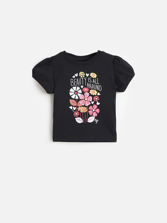 Blue Giraffe Girls Black Printed Regular Fit Pure Cotton T-Shirt