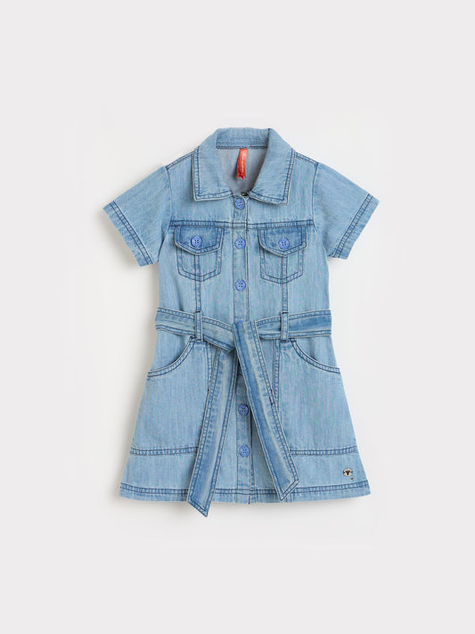Blue Giraffe Girls Blue Solid A-Line Fit Pure Cotton Dress