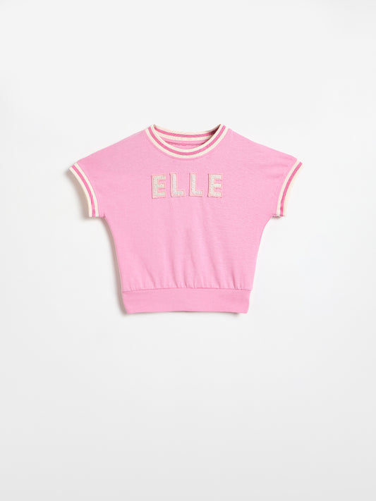 Elle Girls Pink Embroidered Boxy Fit Pure Cotton T-Shirt