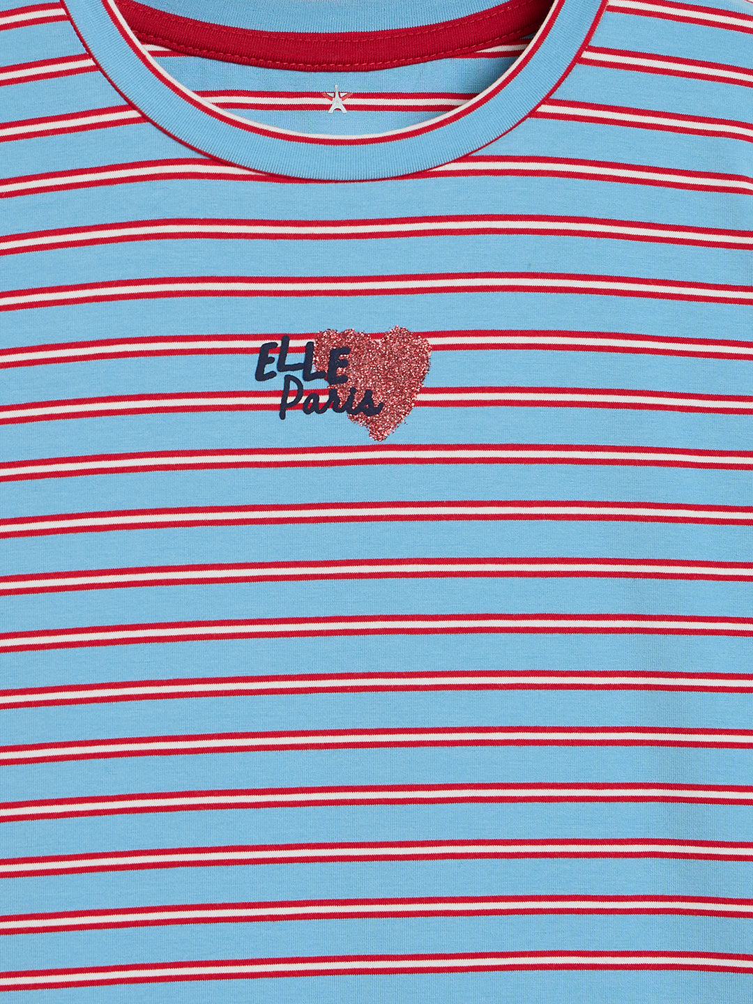 Elle Girls Blue Striped Regular Fit T-Shirt