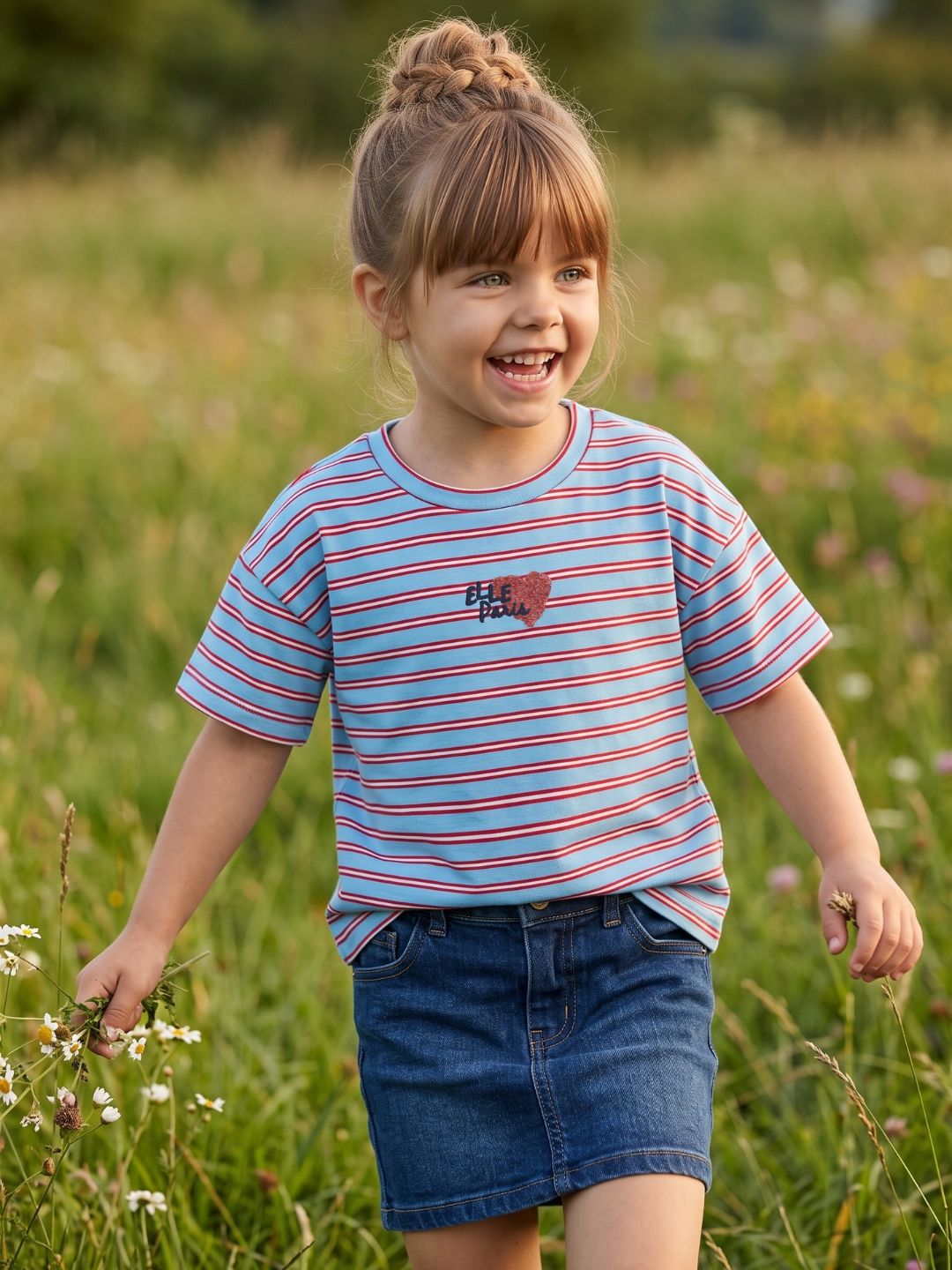 Elle Girls Blue Striped Regular Fit T-Shirt