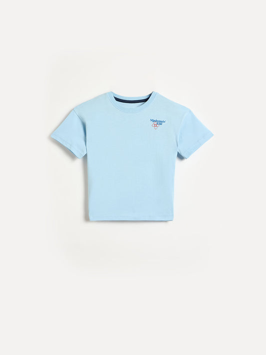 Elle Girls Blue Solid Loose Fit Pure Cotton T-Shirt