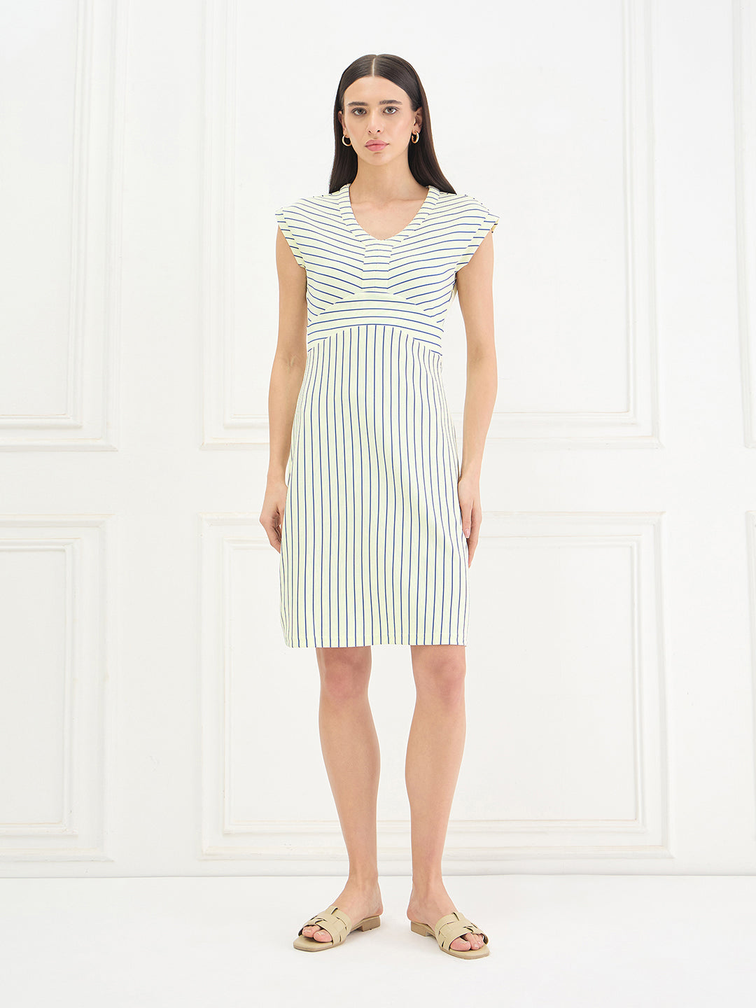 Elle Women Cream Striped Dress
