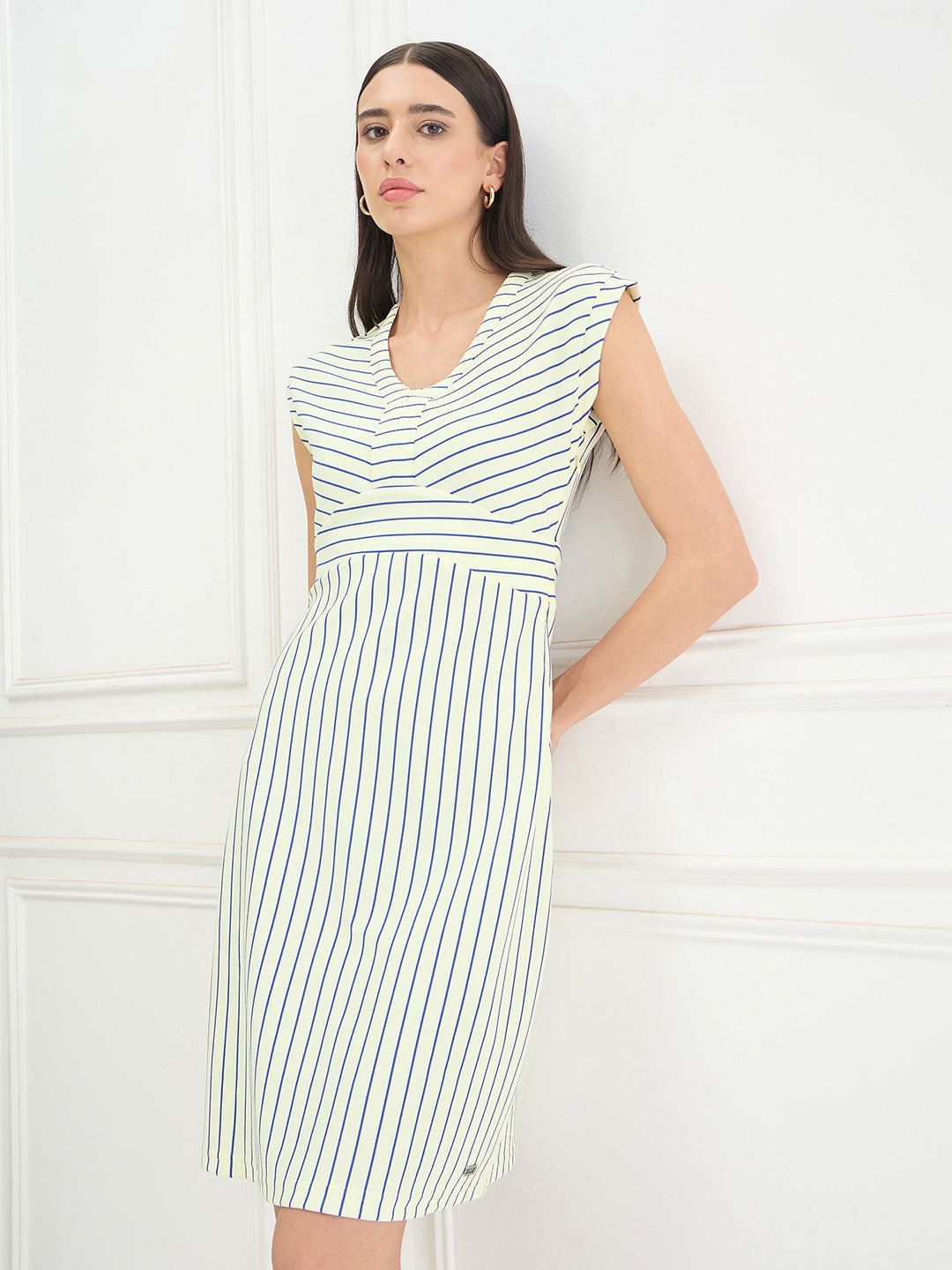 Elle Women Cream Striped Dress