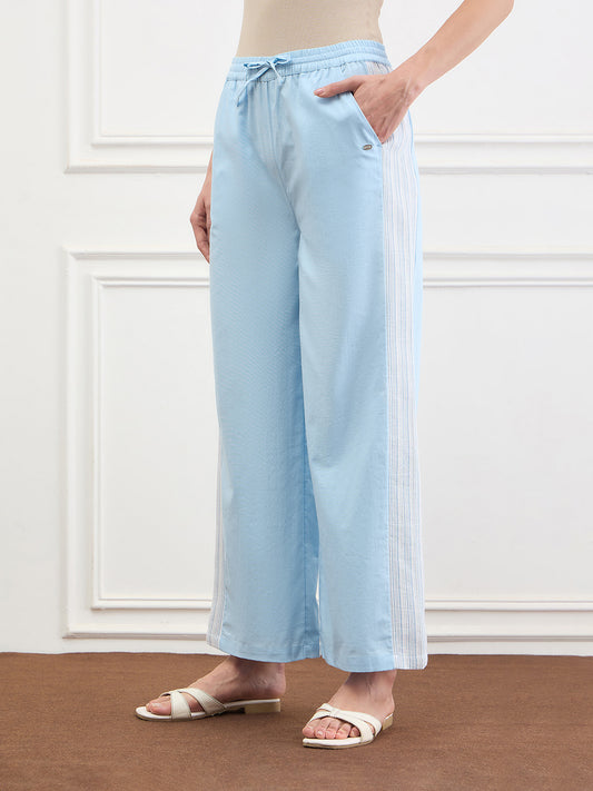 Elle Women Blue Solid Relaxed Fit Pure Cotton Trouser