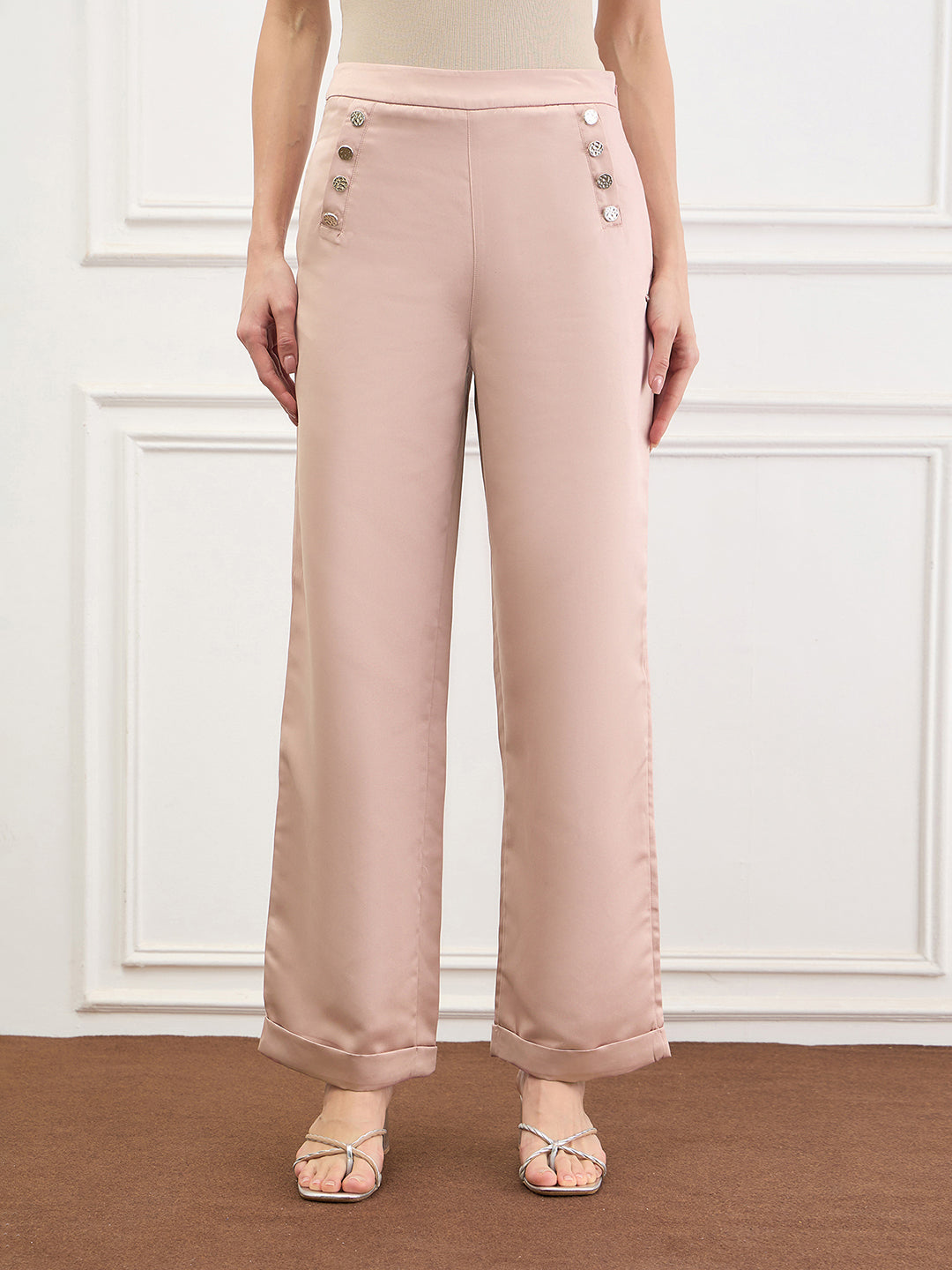 Elle Women Pink Solid Straight Fit Trouser