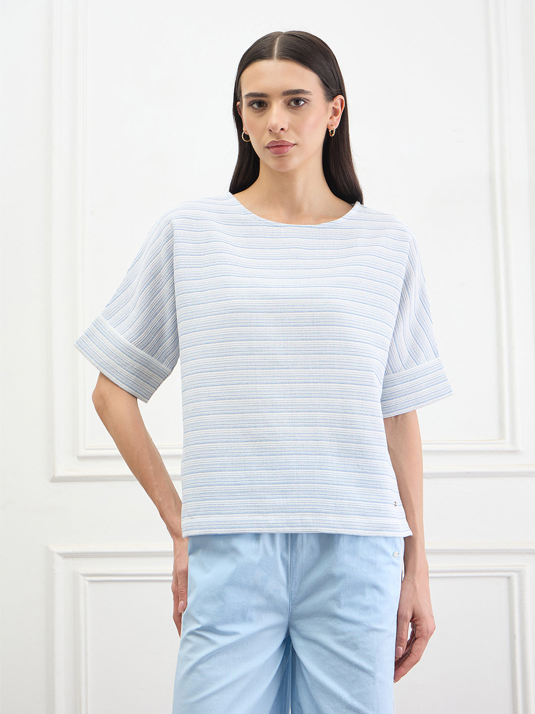 Elle Women Light Blue Striped Relaxed Fit Pure Cotton T-Shirt