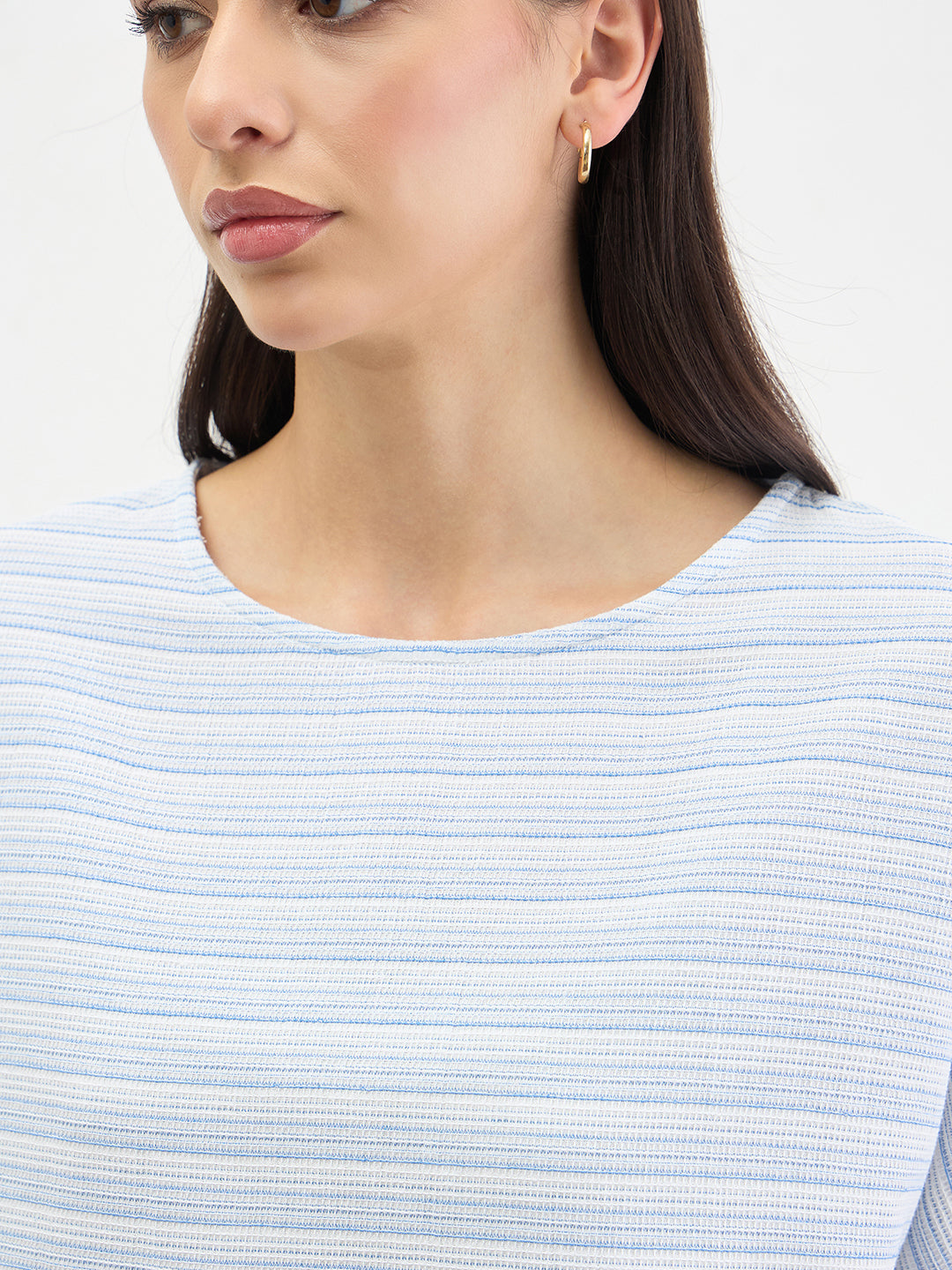 Elle Women Light Blue Striped Relaxed Fit Pure Cotton T-Shirt