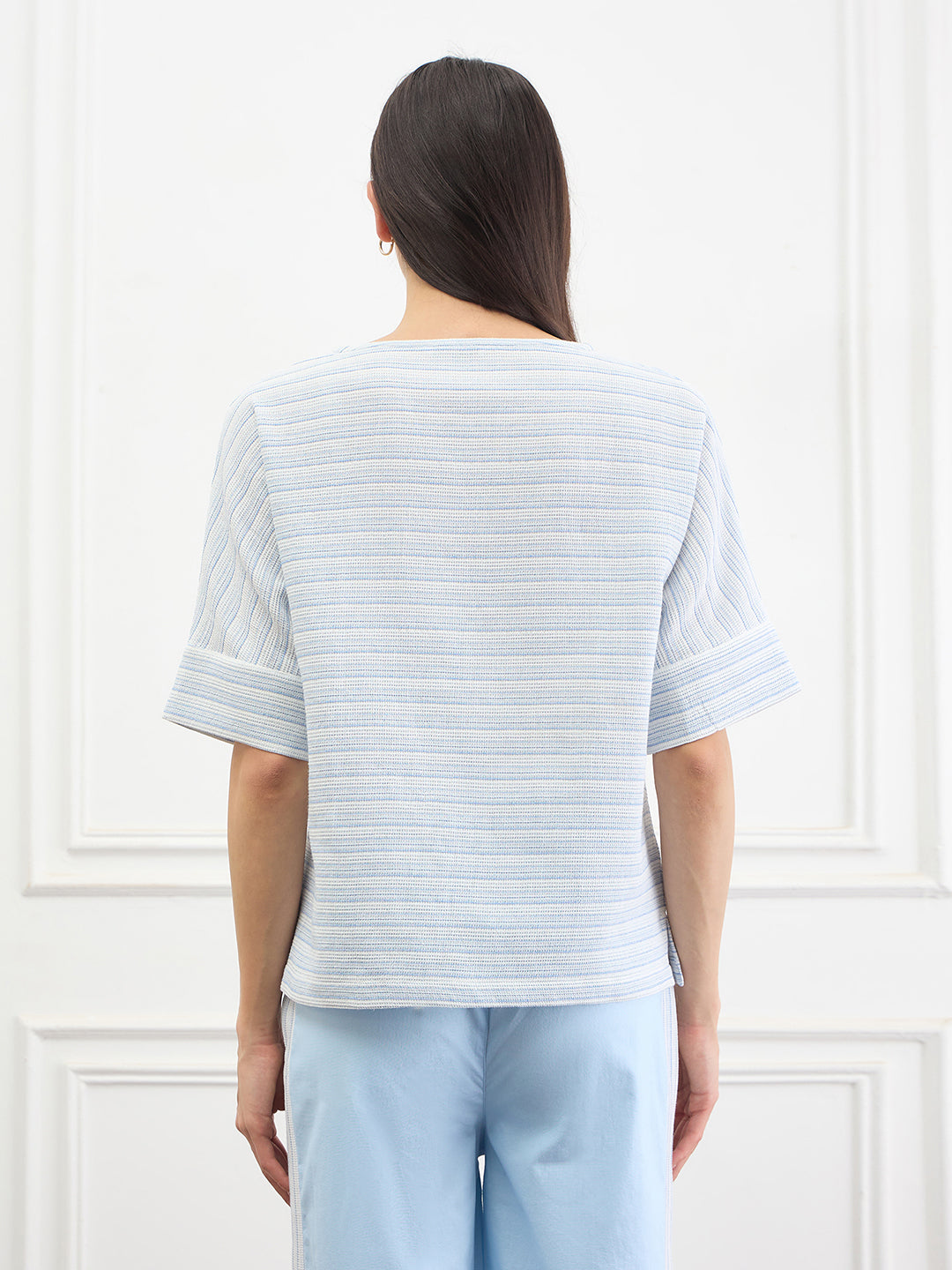 Elle Women Light Blue Striped Relaxed Fit Pure Cotton T-Shirt