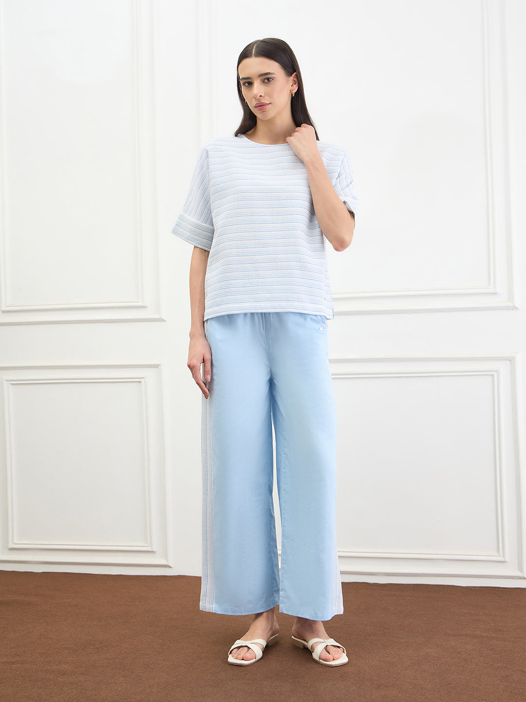 Elle Women Light Blue Striped Relaxed Fit Pure Cotton T-Shirt