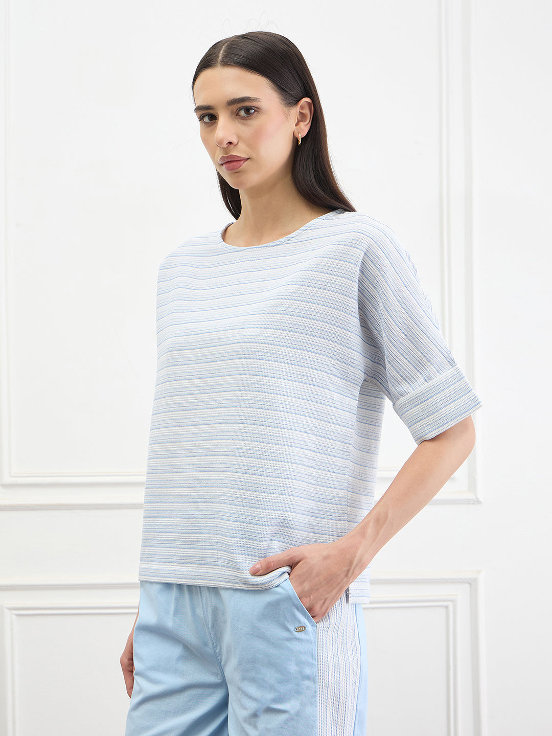 Elle Women Light Blue Striped Relaxed Fit Pure Cotton T-Shirt