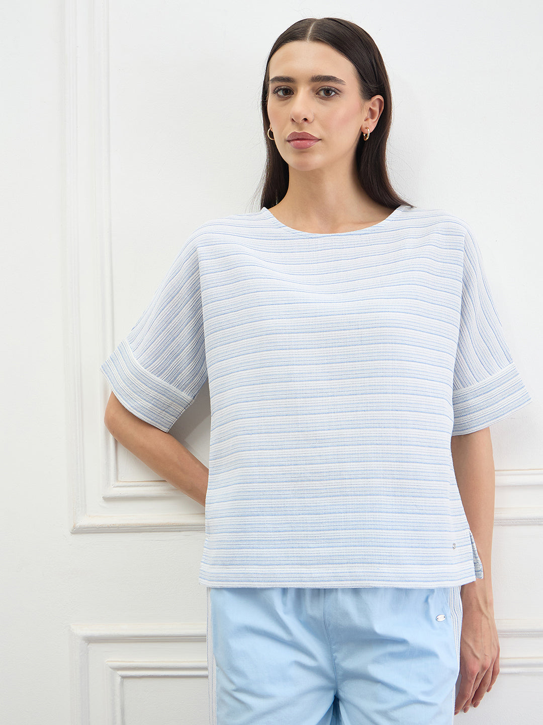 Elle Women Light Blue Striped Relaxed Fit Pure Cotton T-Shirt