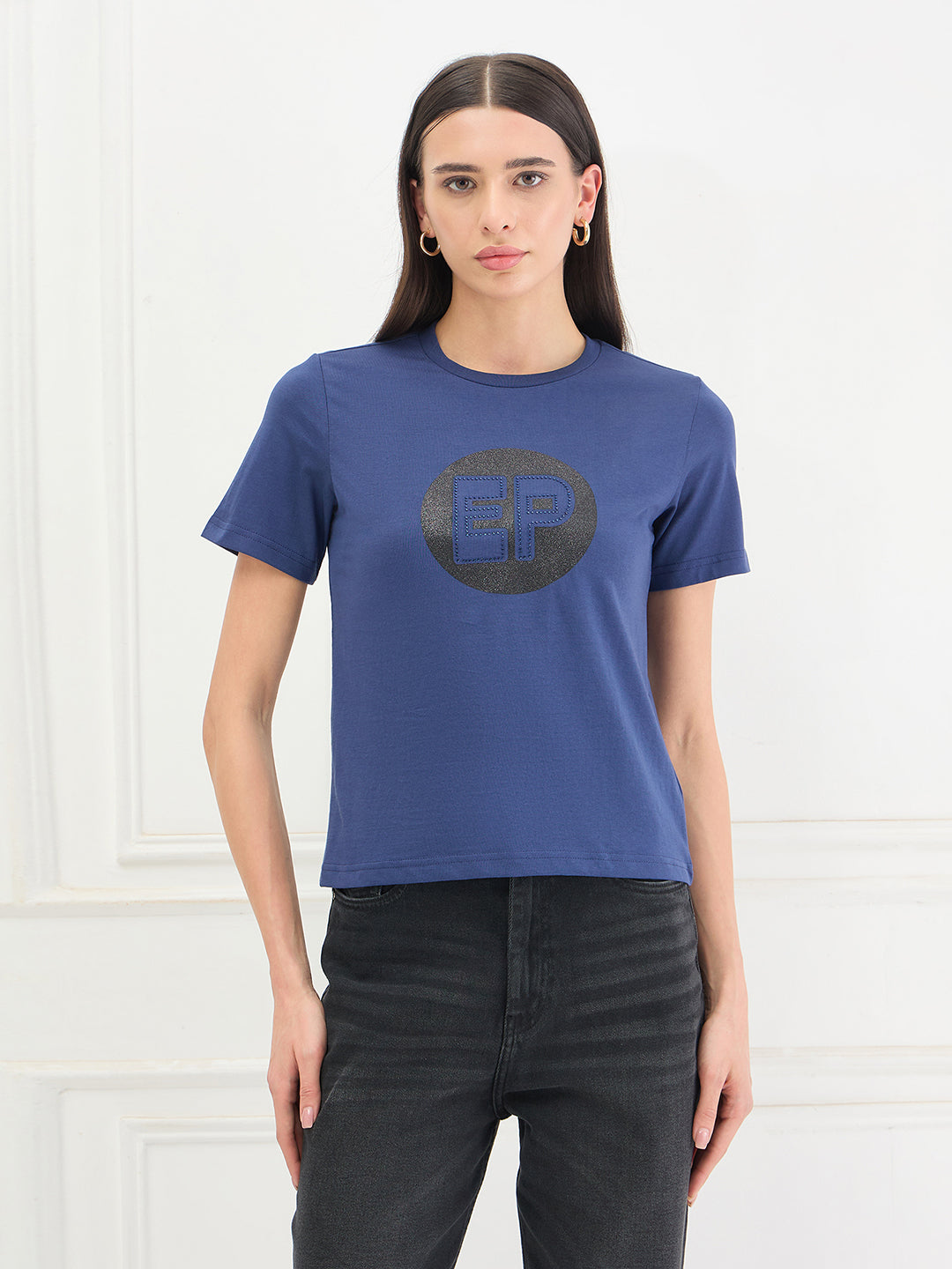 Elle Women Blue Solid Regular Fit Pure Cotton T-Shirt