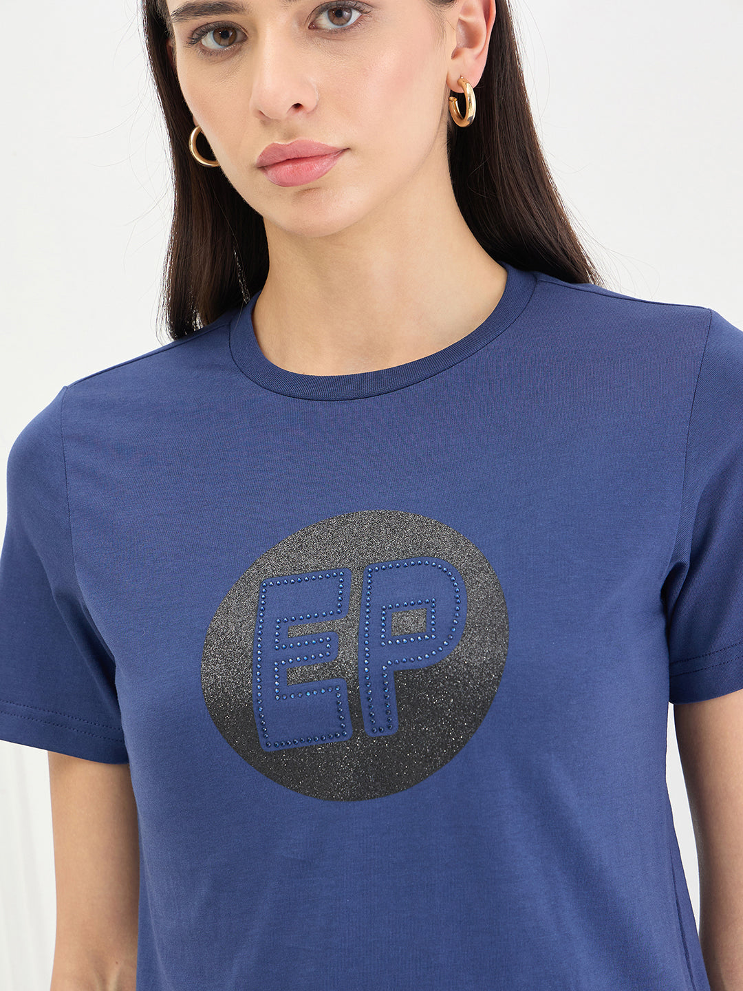 Elle Women Blue Solid Regular Fit Pure Cotton T-Shirt