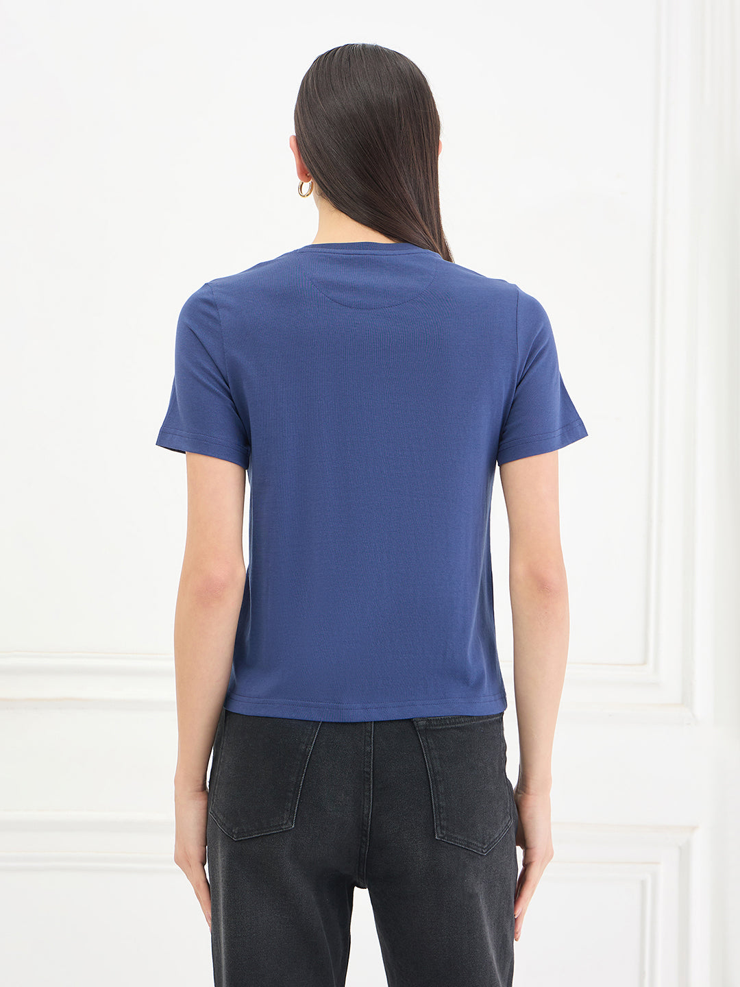 Elle Women Blue Solid Regular Fit Pure Cotton T-Shirt