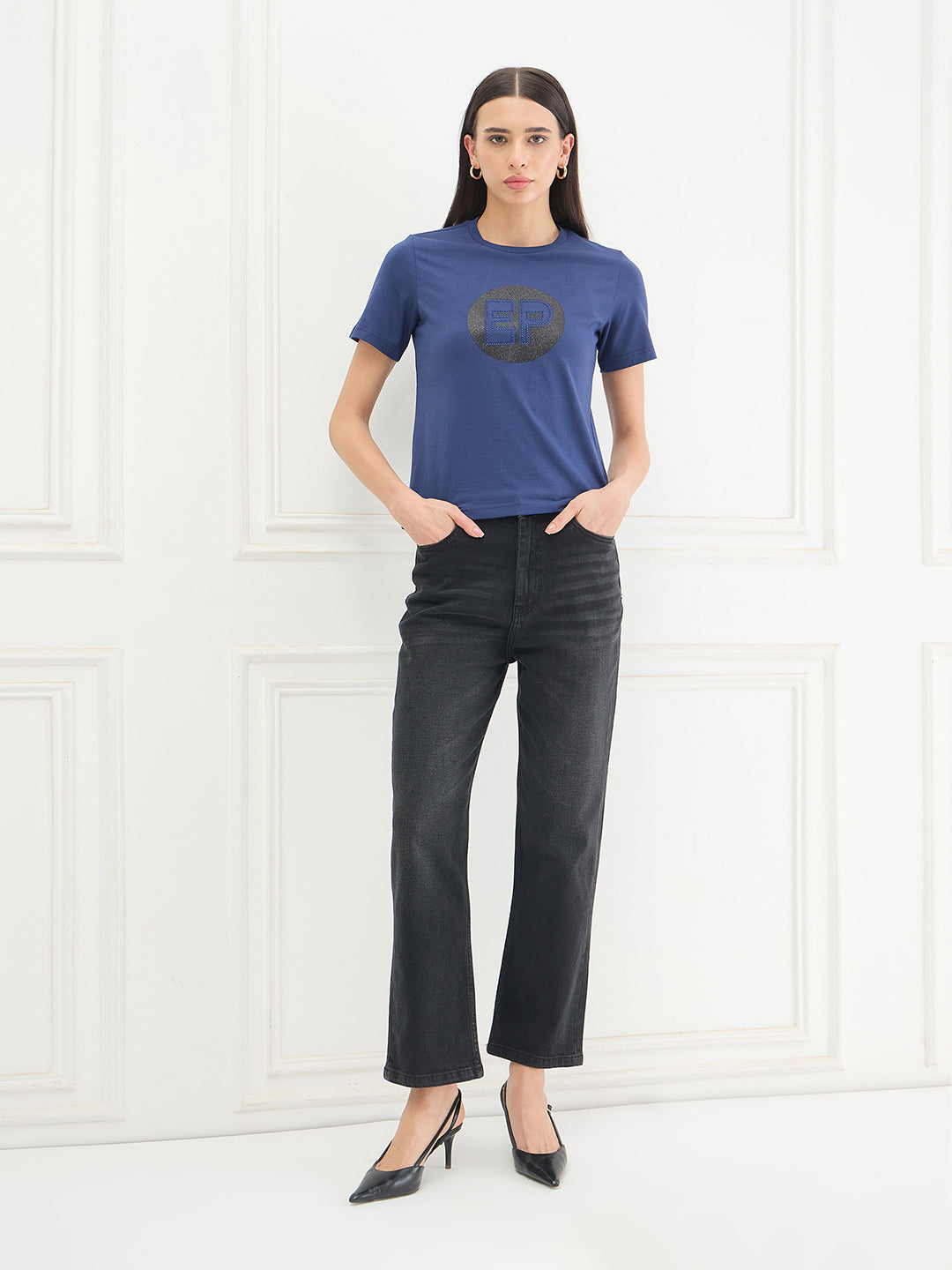 Elle Women Blue Solid Regular Fit Pure Cotton T-Shirt