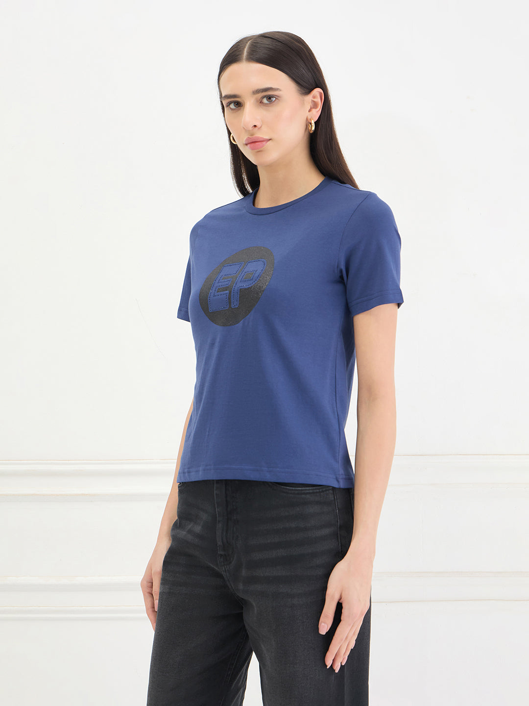 Elle Women Blue Solid Regular Fit Pure Cotton T-Shirt