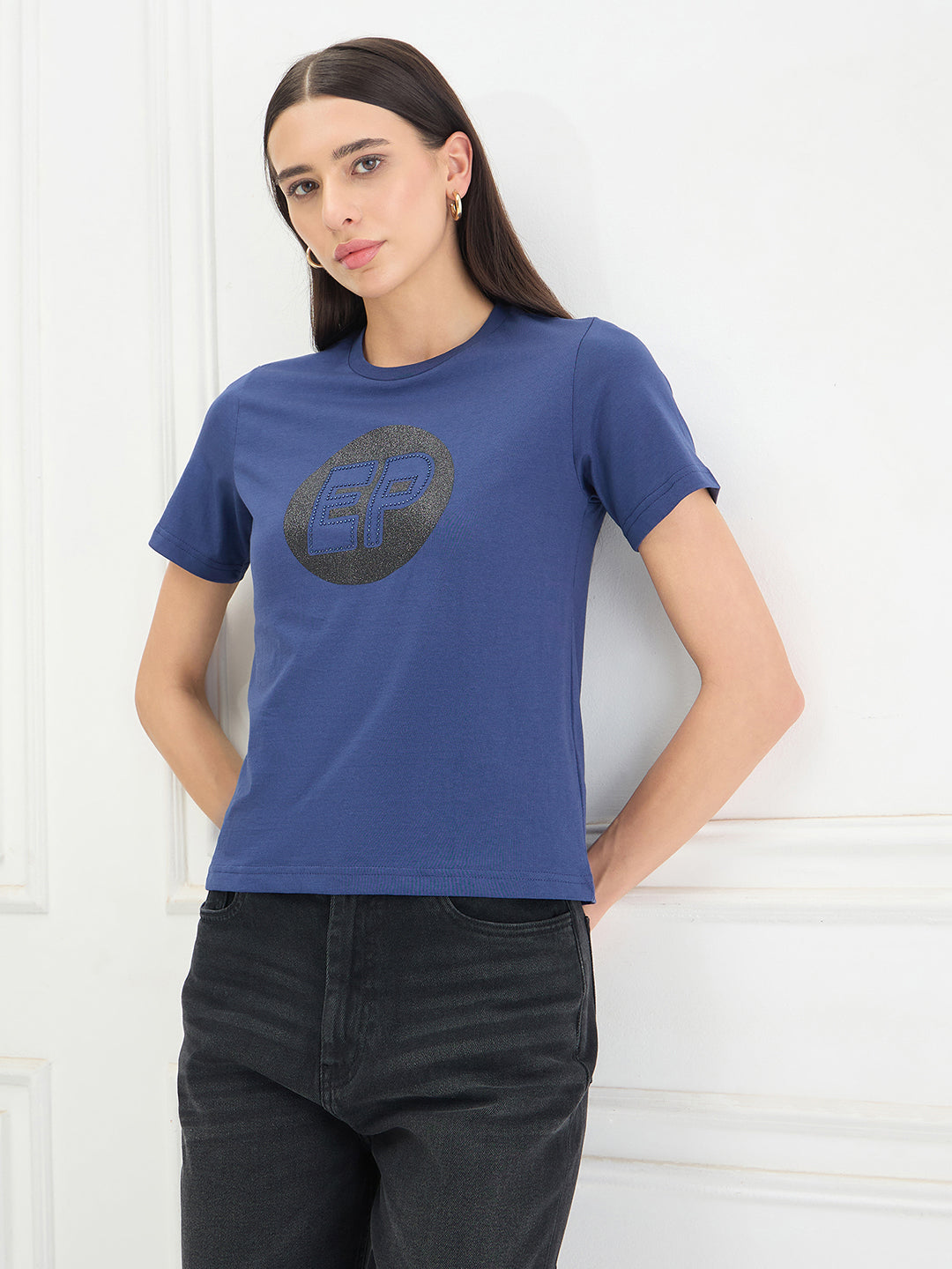 Elle Women Blue Solid Regular Fit Pure Cotton T-Shirt