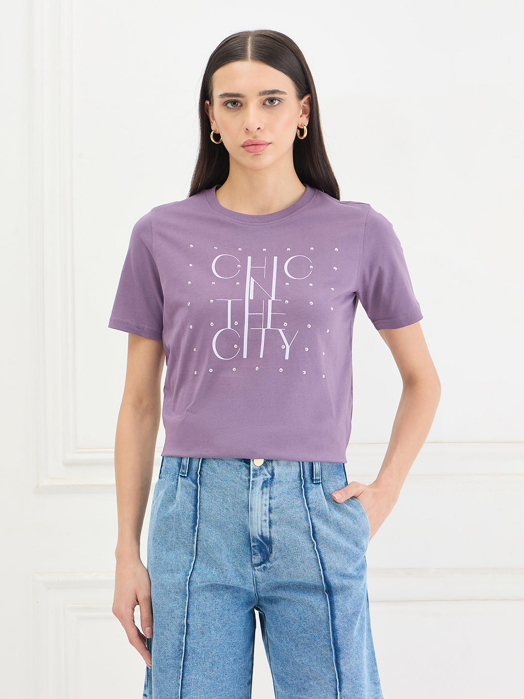 Elle Women Purple Printed Regular Fit Pure Cotton T-Shirt