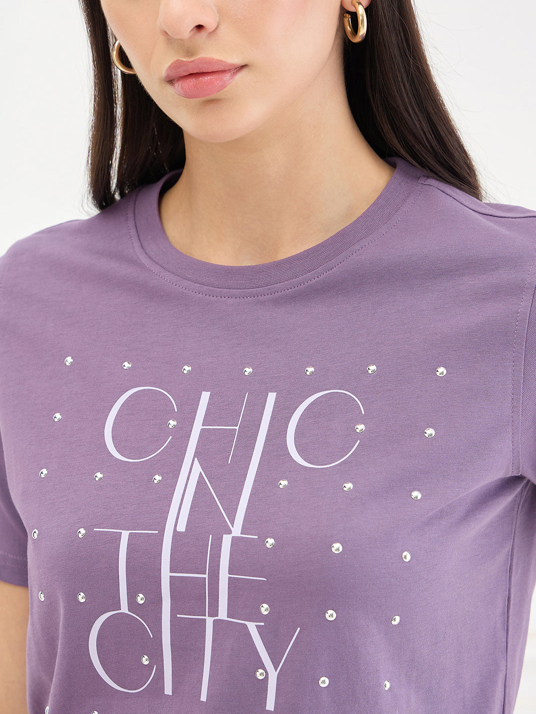 Elle Women Purple Printed Regular Fit Pure Cotton T-Shirt