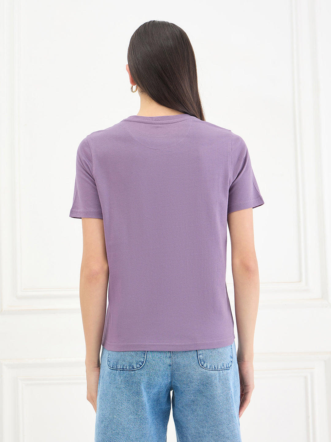 Elle Women Purple Printed Regular Fit Pure Cotton T-Shirt