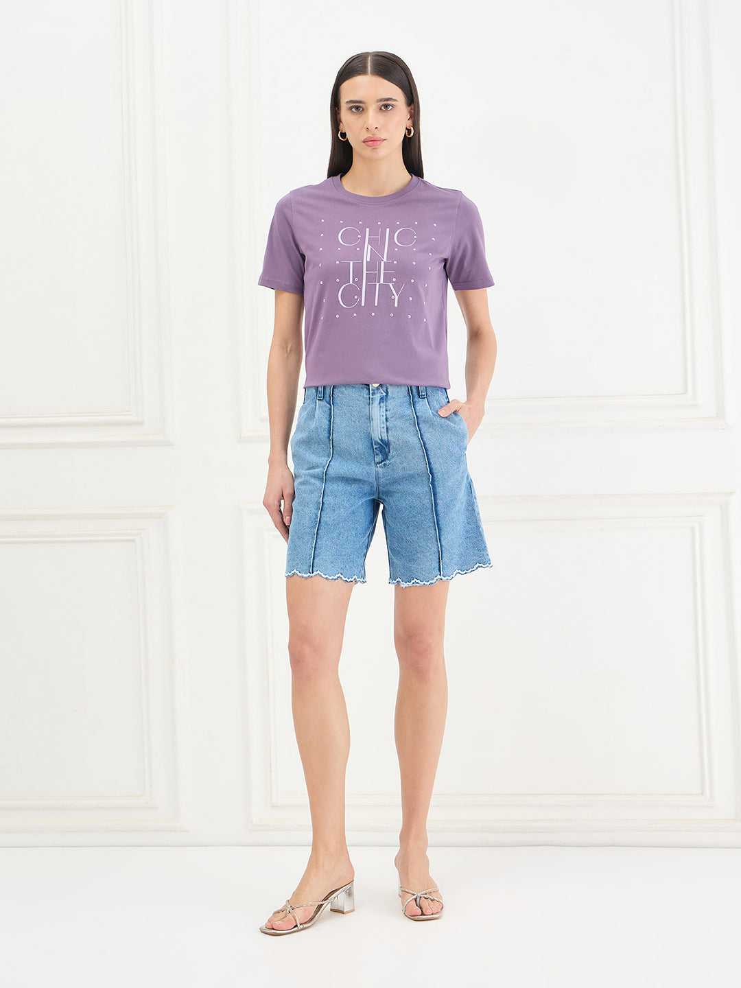 Elle Women Purple Printed Regular Fit Pure Cotton T-Shirt