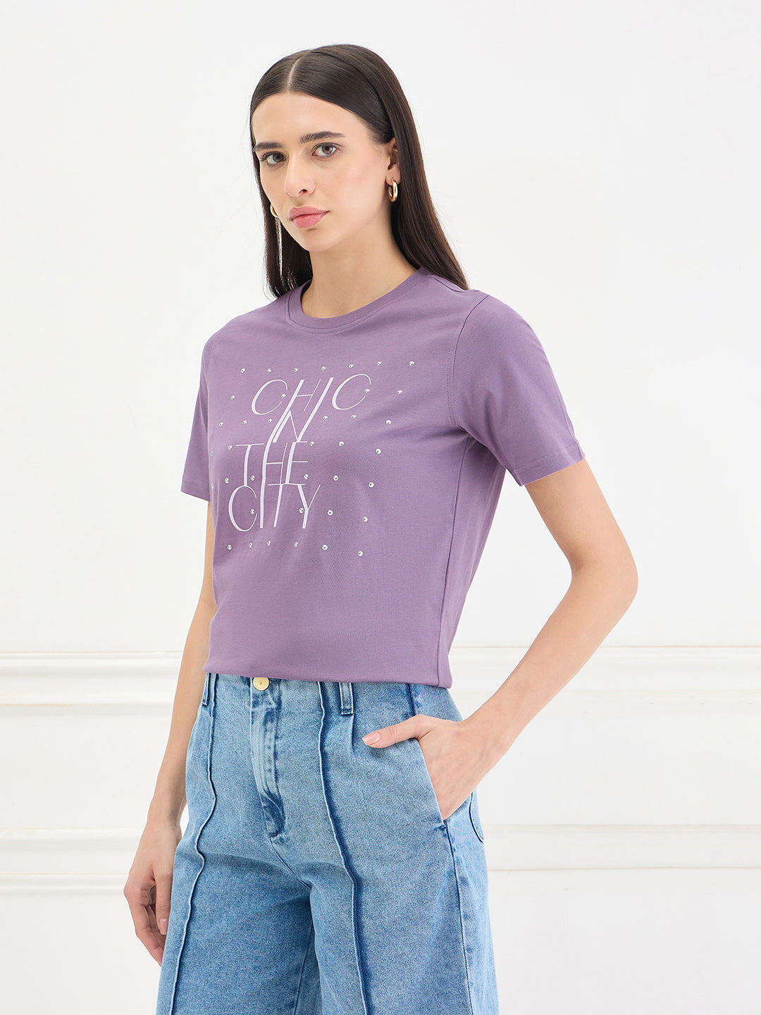 Elle Women Purple Printed Regular Fit Pure Cotton T-Shirt
