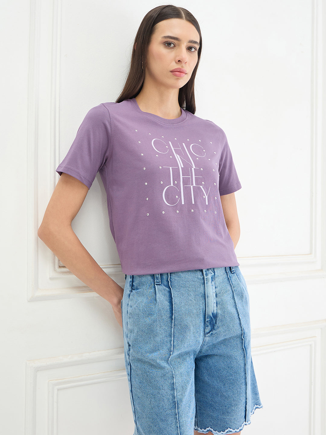Elle Women Purple Printed Regular Fit Pure Cotton T-Shirt