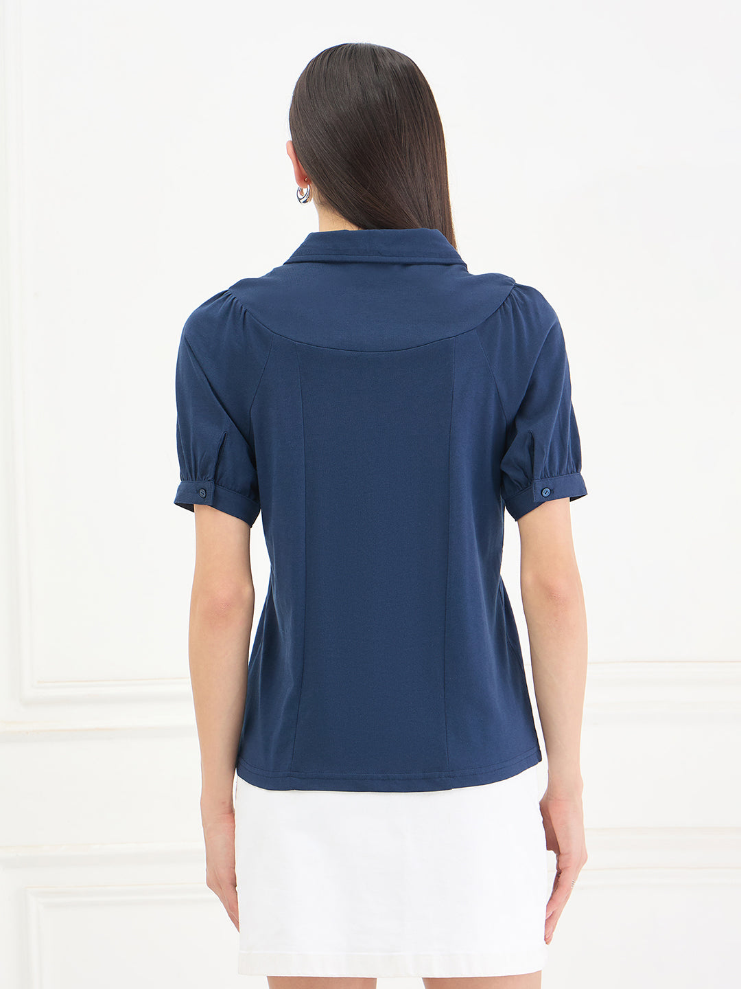Elle Women Blue Solid Relaxed Fit Pure Cotton Top