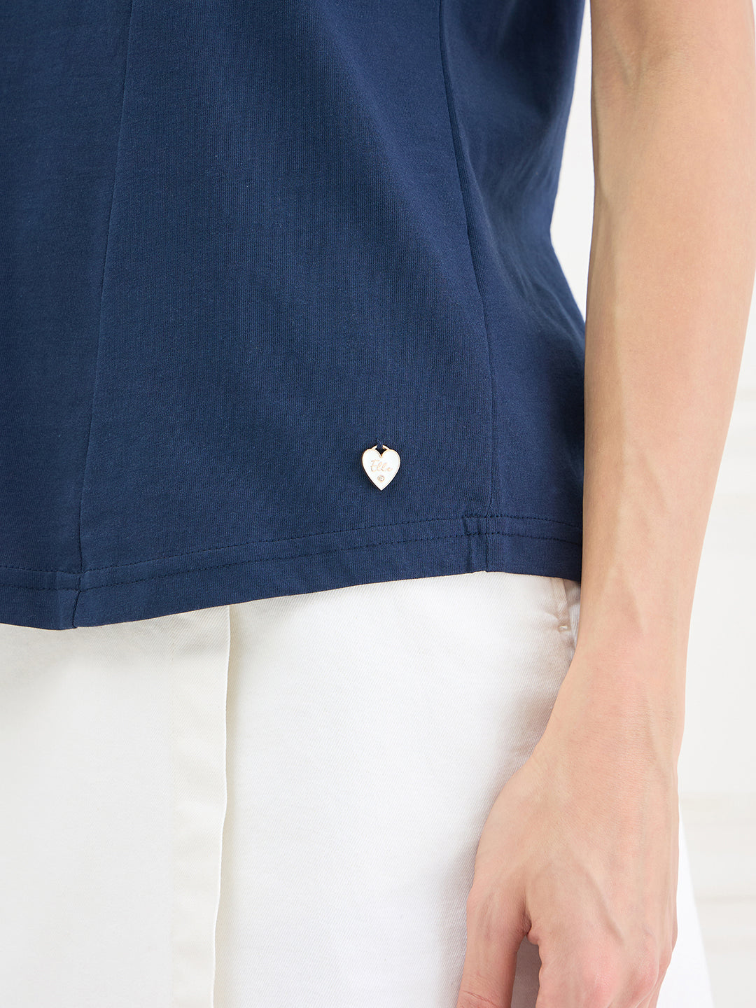 Elle Women Blue Solid Relaxed Fit Pure Cotton Top