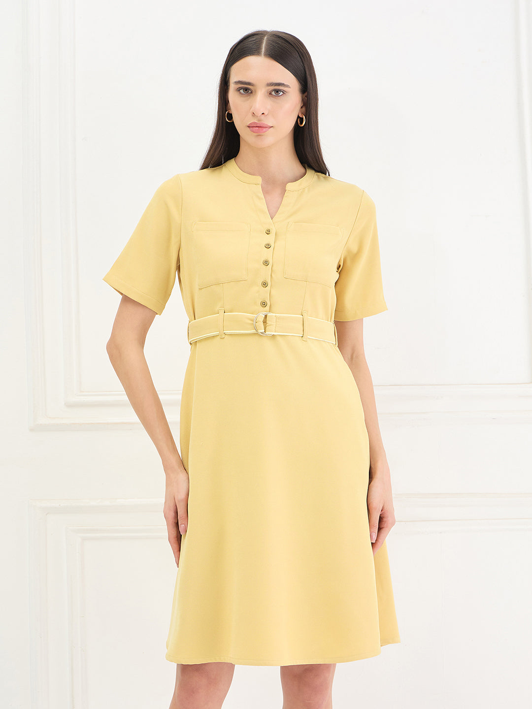 Iconic Women Yellow Solid Stretchable Regular Fit Dress