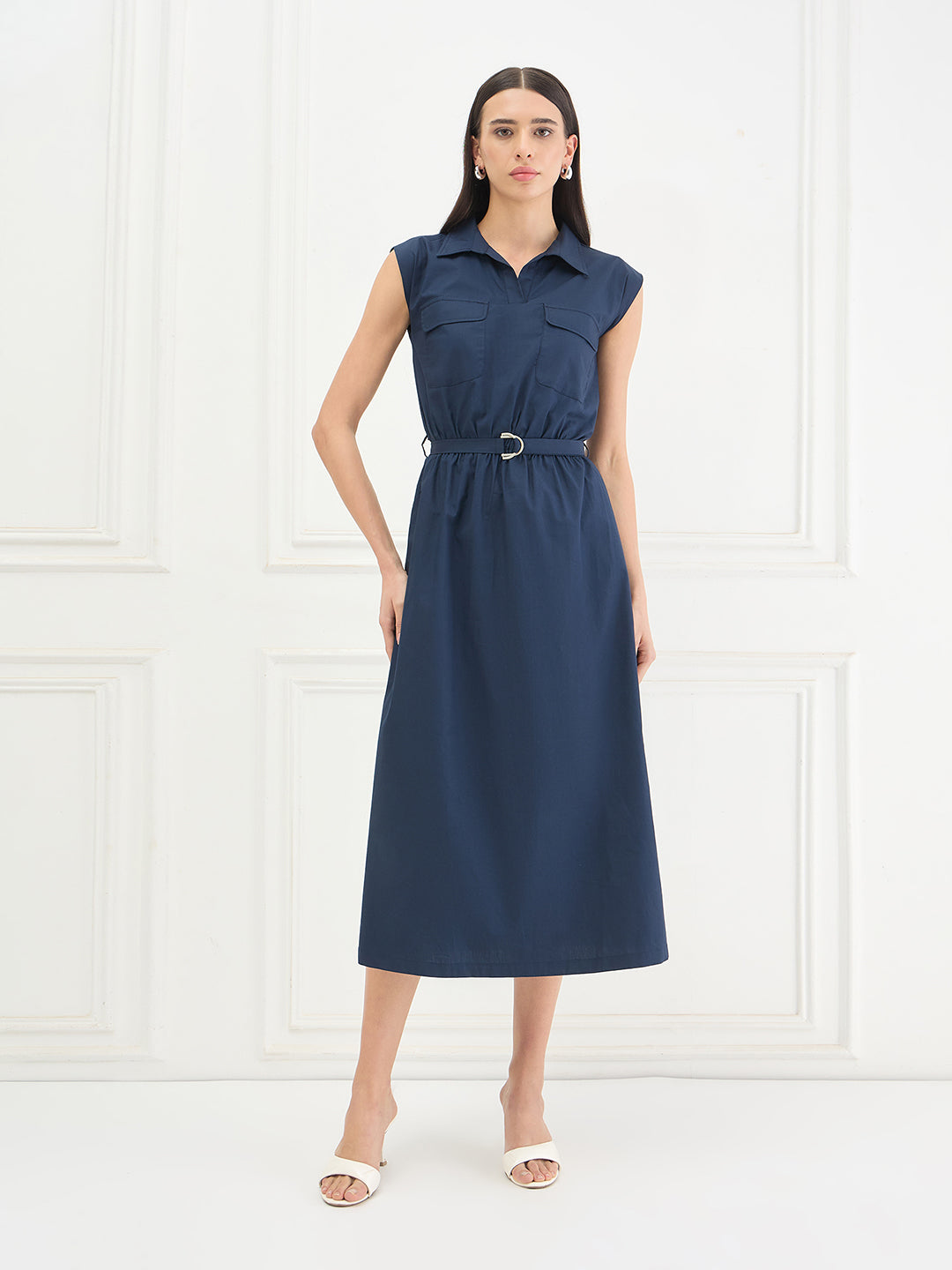 Iconic Women Blue Solid Straight Fit Pure Cotton Dress