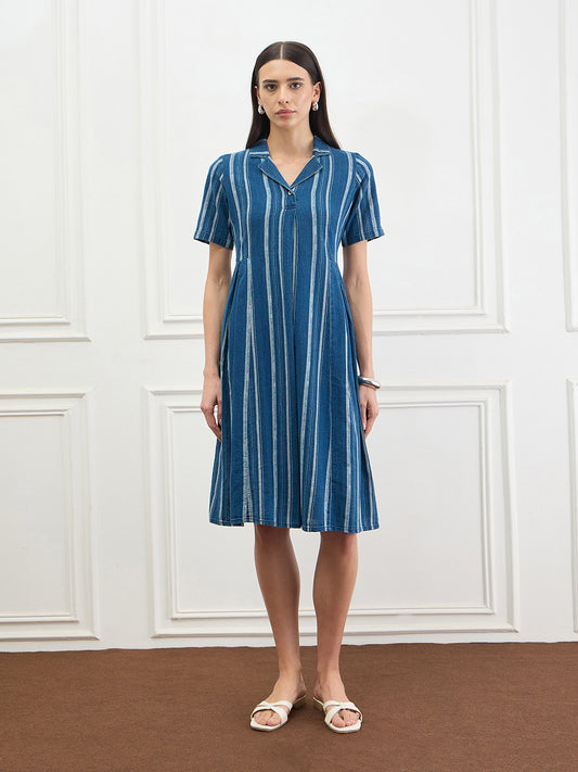 ICONIC Women Cotton Blue Striped Dress