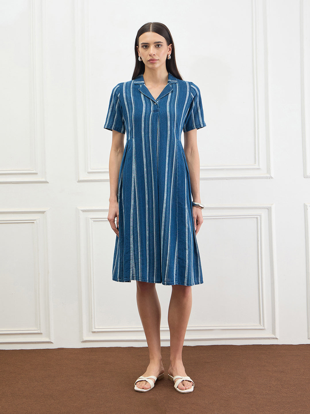 Iconic Women Blue Striped A-Line Fit Pure Cotton Dress