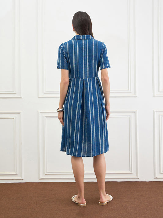ICONIC Women Cotton Blue Striped Dress